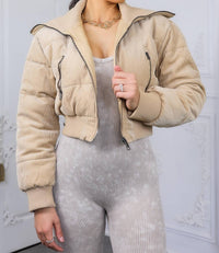 Surelymine - Keep Up With Me Crop Corduroy Full Zipper Puffer Jacket
