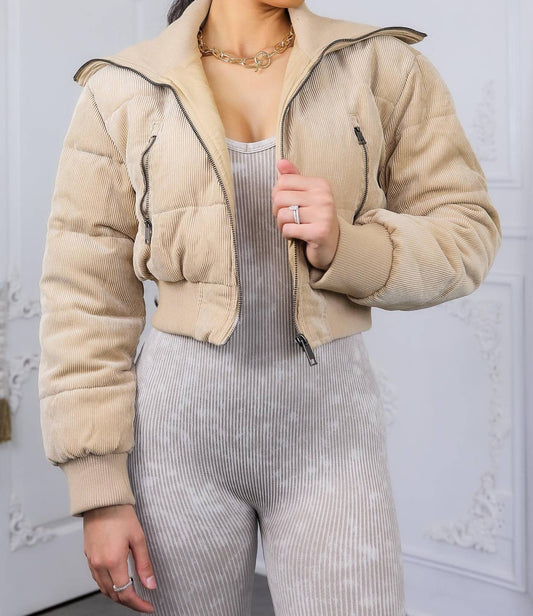 Surelymine - Keep Up With Me Crop Corduroy Full Zipper Puffer Jacket