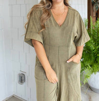 BiBi Vintage V-neck Jumpsuit in olive green - women's pants - detail view