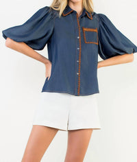 THML Puff Sleeve Denim Button Up Top in blue - women's shirt - detail view