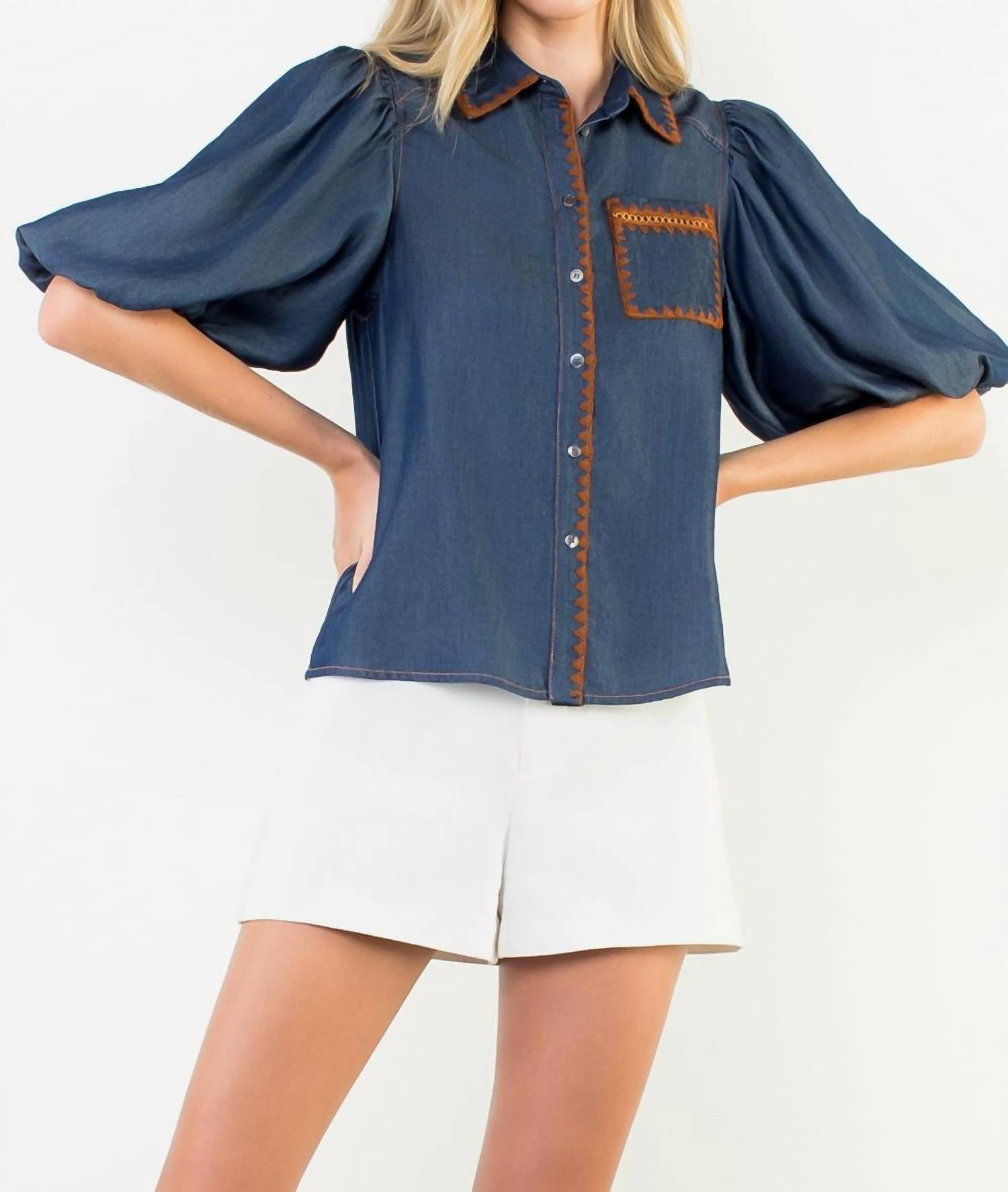 THML Puff Sleeve Denim Button Up Top in blue - women's shirt - detail view