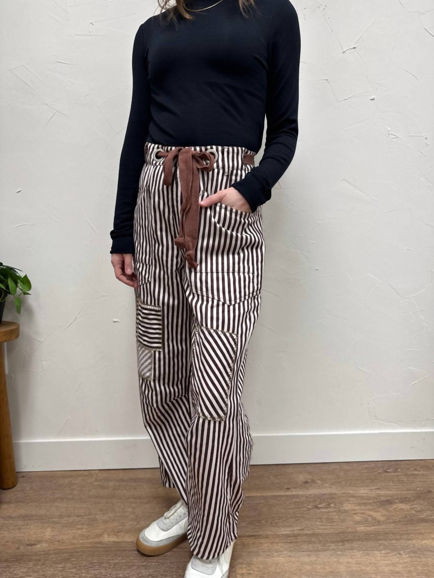 ee:some Striped Drawstring Barrel Pant in brown cream - women's pants - alternate view