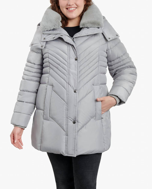 London Fog - Plus Size Zip-front Hooded Puffer Jacket With Button-off Fur Collar