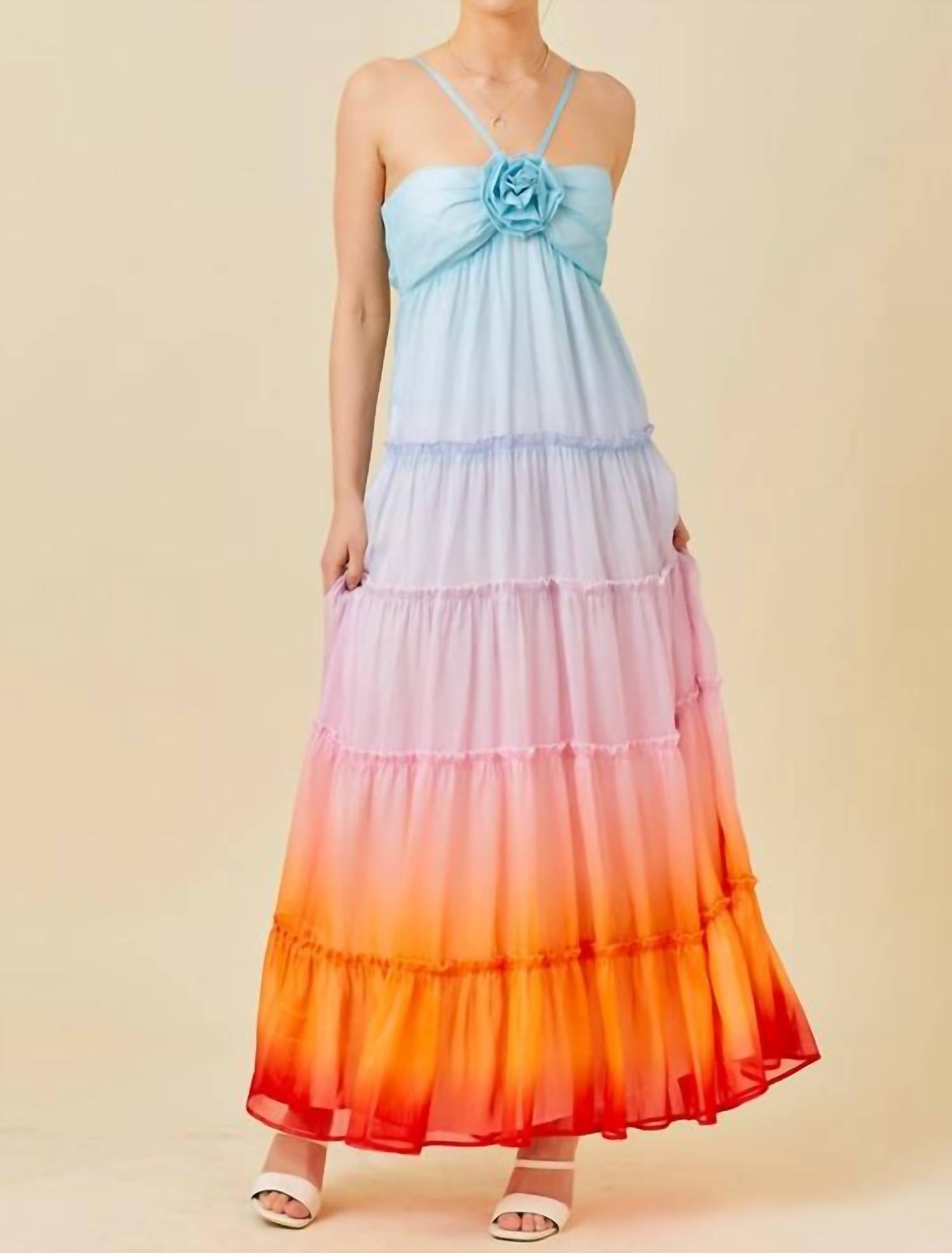 Main Strip 3d Flower Ruffle Trim Ombre Print Maxi Dress in multi ombre - women's dress