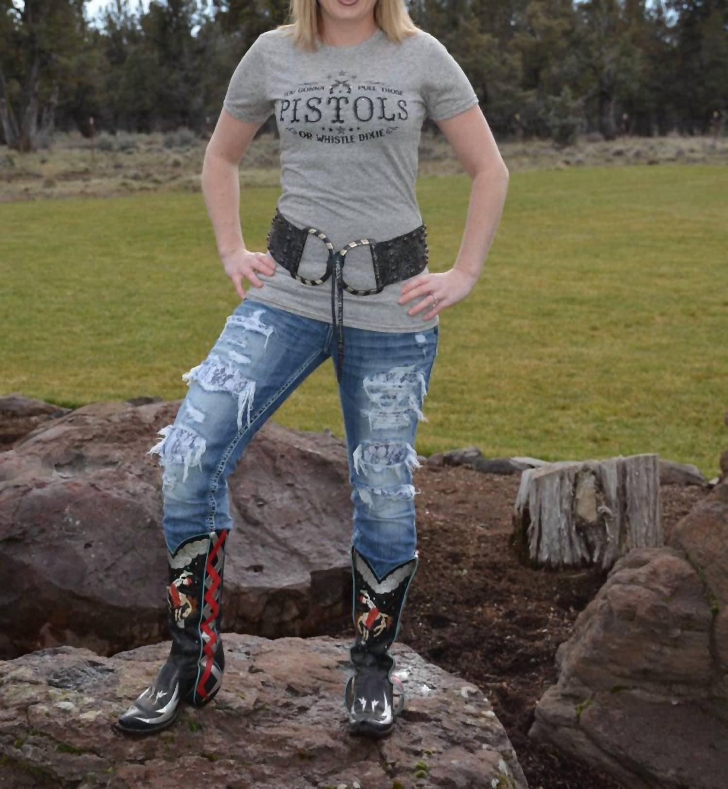 Cowgirl Justice You Gonna Pull Those Pistols Tee in light gray - women's t-shirt - alternate view
