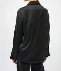 Joseph Ribkoff Satin Button-front Blouse With Embellished Collar in black - women's blouse - detail view