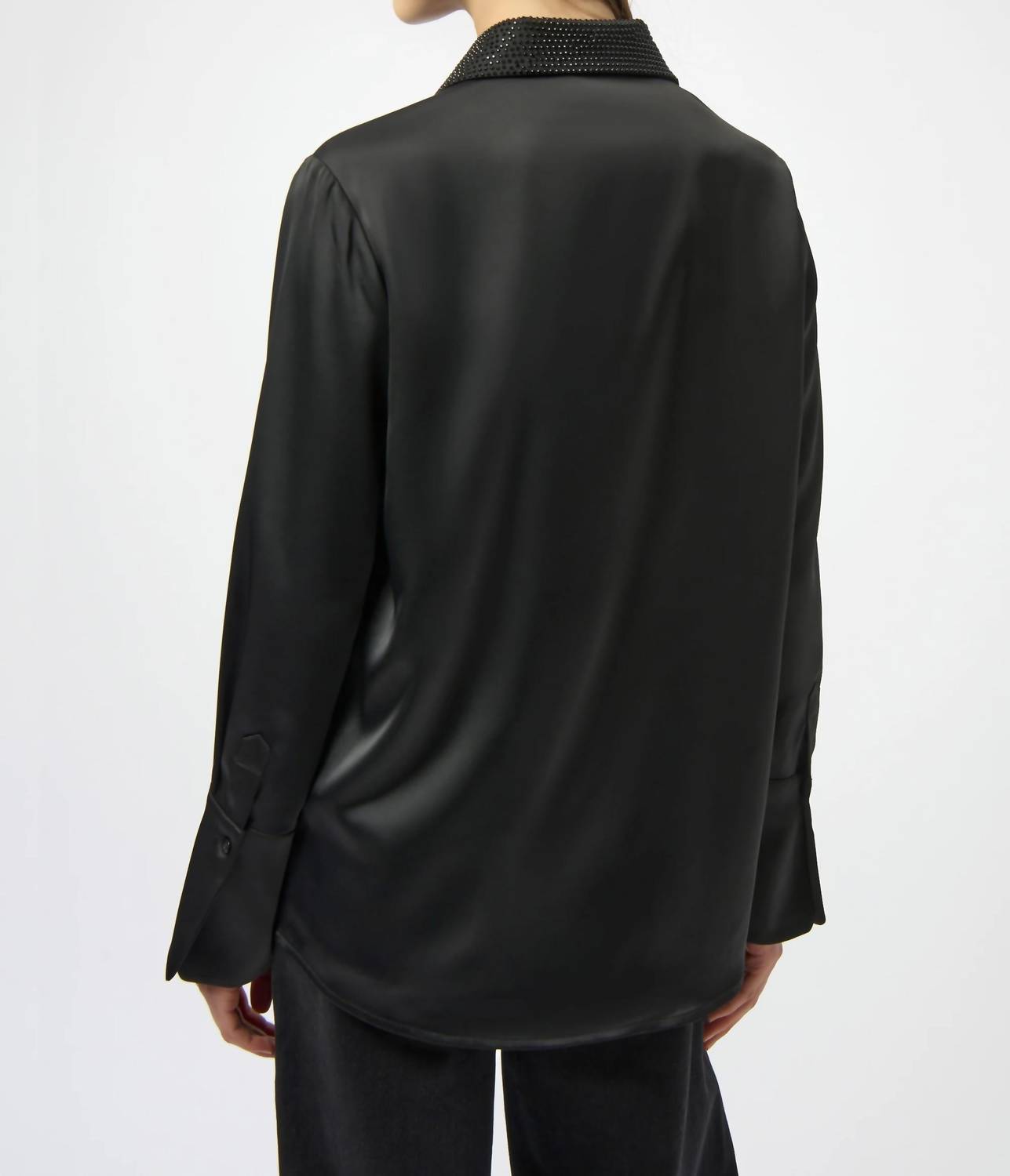 Joseph Ribkoff Satin Button-front Blouse With Embellished Collar in black - women's blouse - detail view