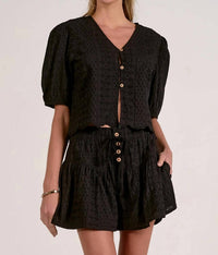 Elan - Eyelet Short Sleeve Button Front Top