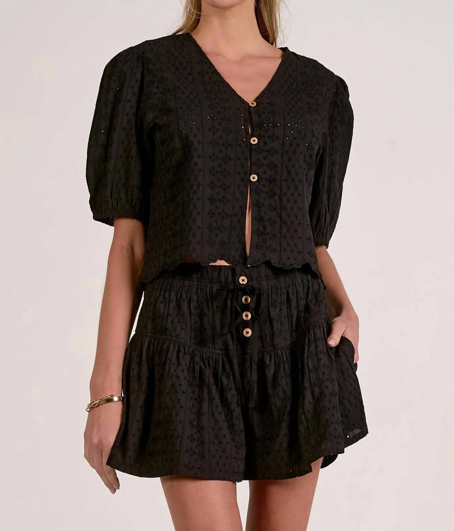 Elan - Eyelet Short Sleeve Button Front Top