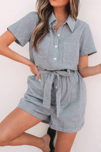 Aapparella - Pinstripe Collared Belted Romper