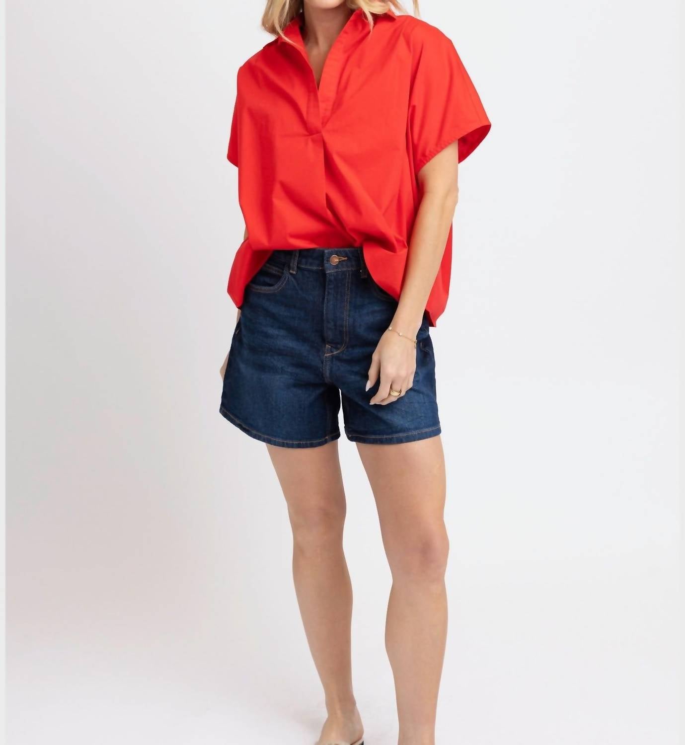 Karlie Poplin V-neck Top in red - women's blouse