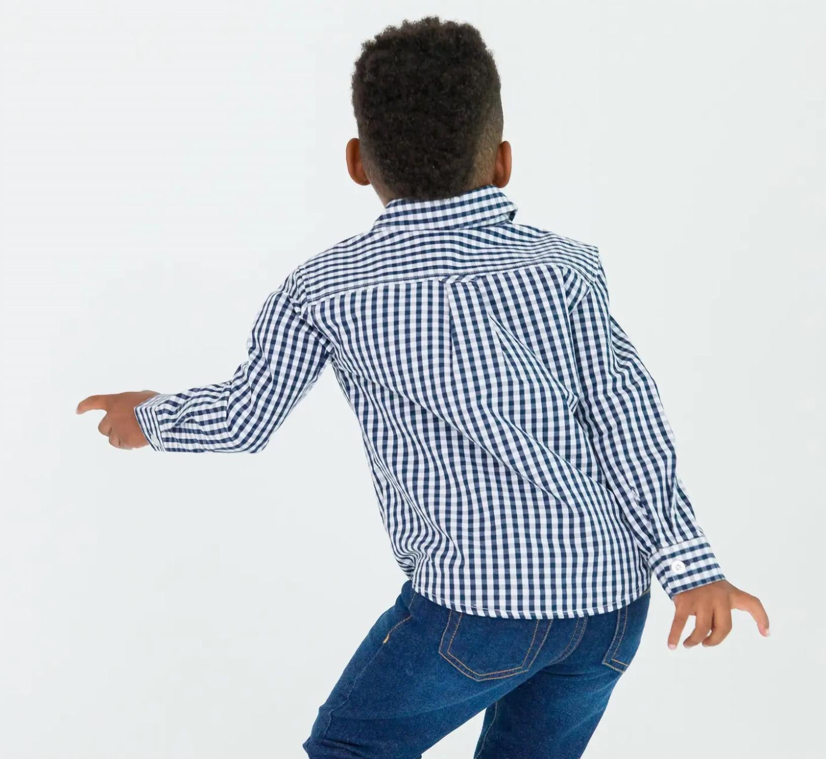 RuffleButts Gingham Button Down Shirt in navy - kids' shirt - detail view