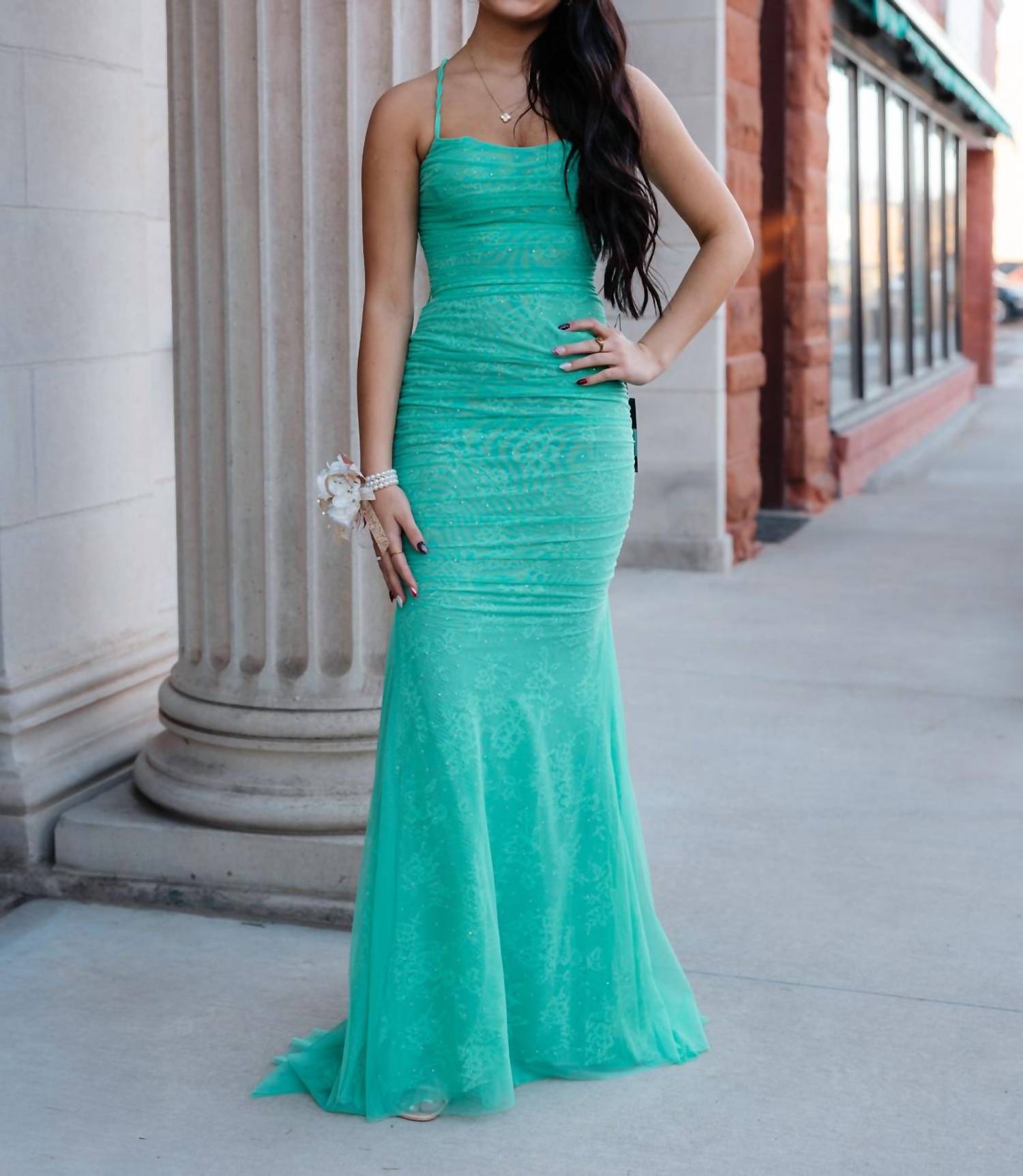 La Femme - Stunning Prom Dress With Intricate Lace Underlayer