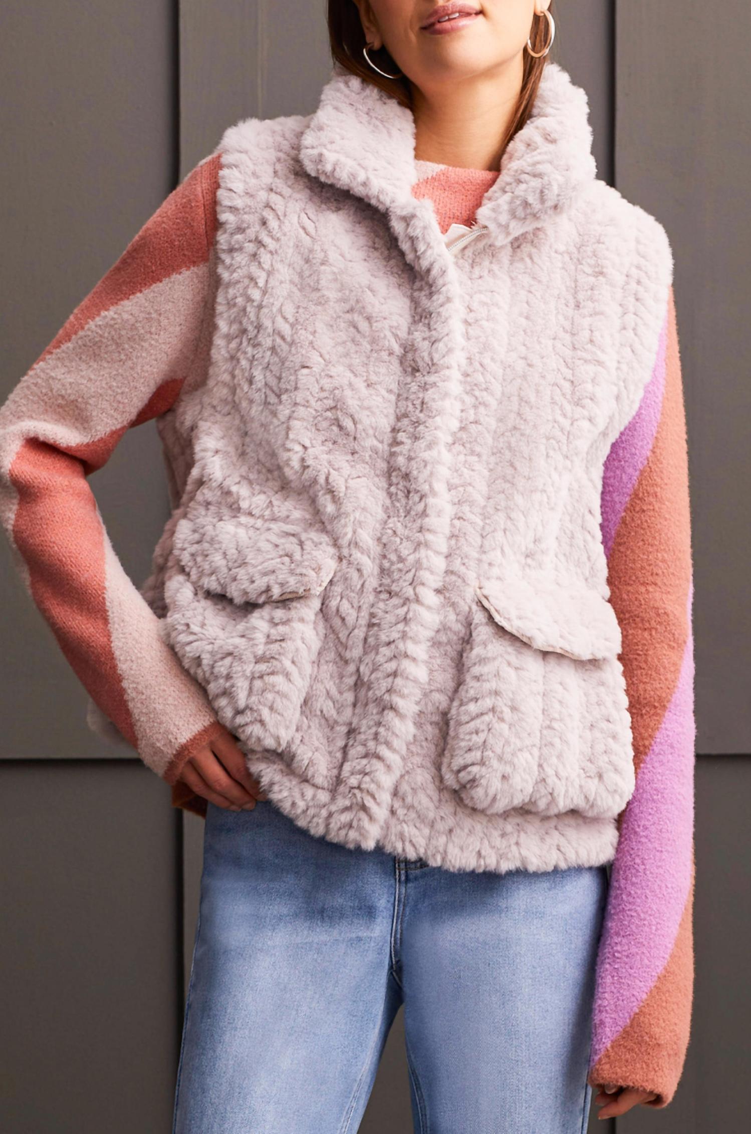 Tribal - Fur Cable Knit Zip Vest