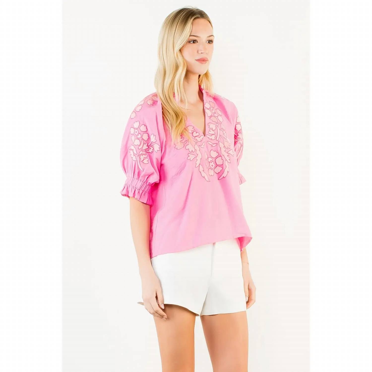 Thml - Puff Sleeve Floral Embroidery V-neck Top
