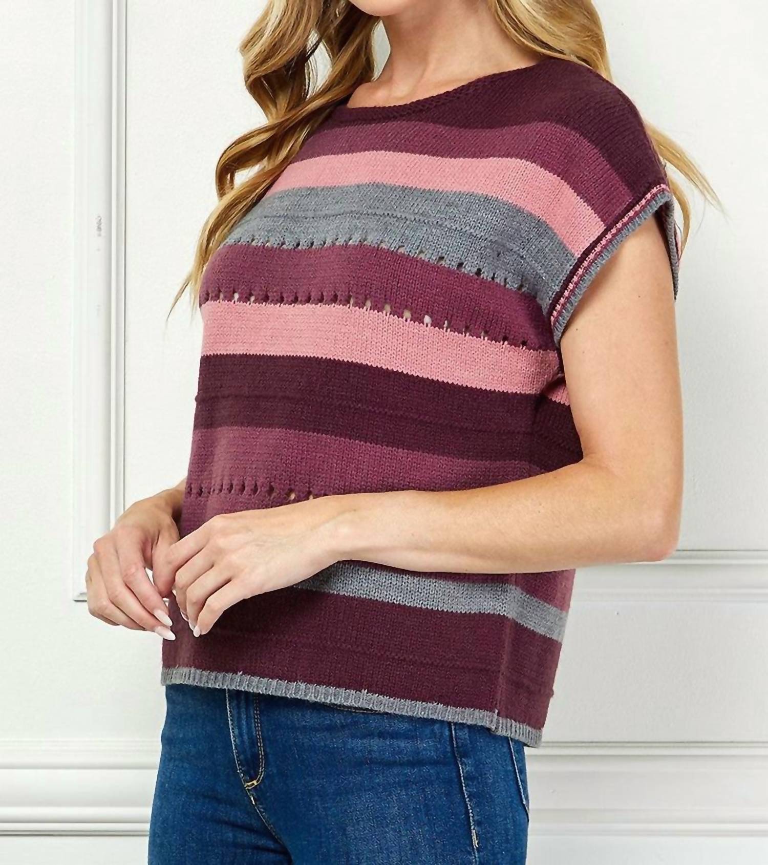 SEE AND BE SEEN Multi Color Striped Sweater Top in burgundy - women's t-shirt - alternate view