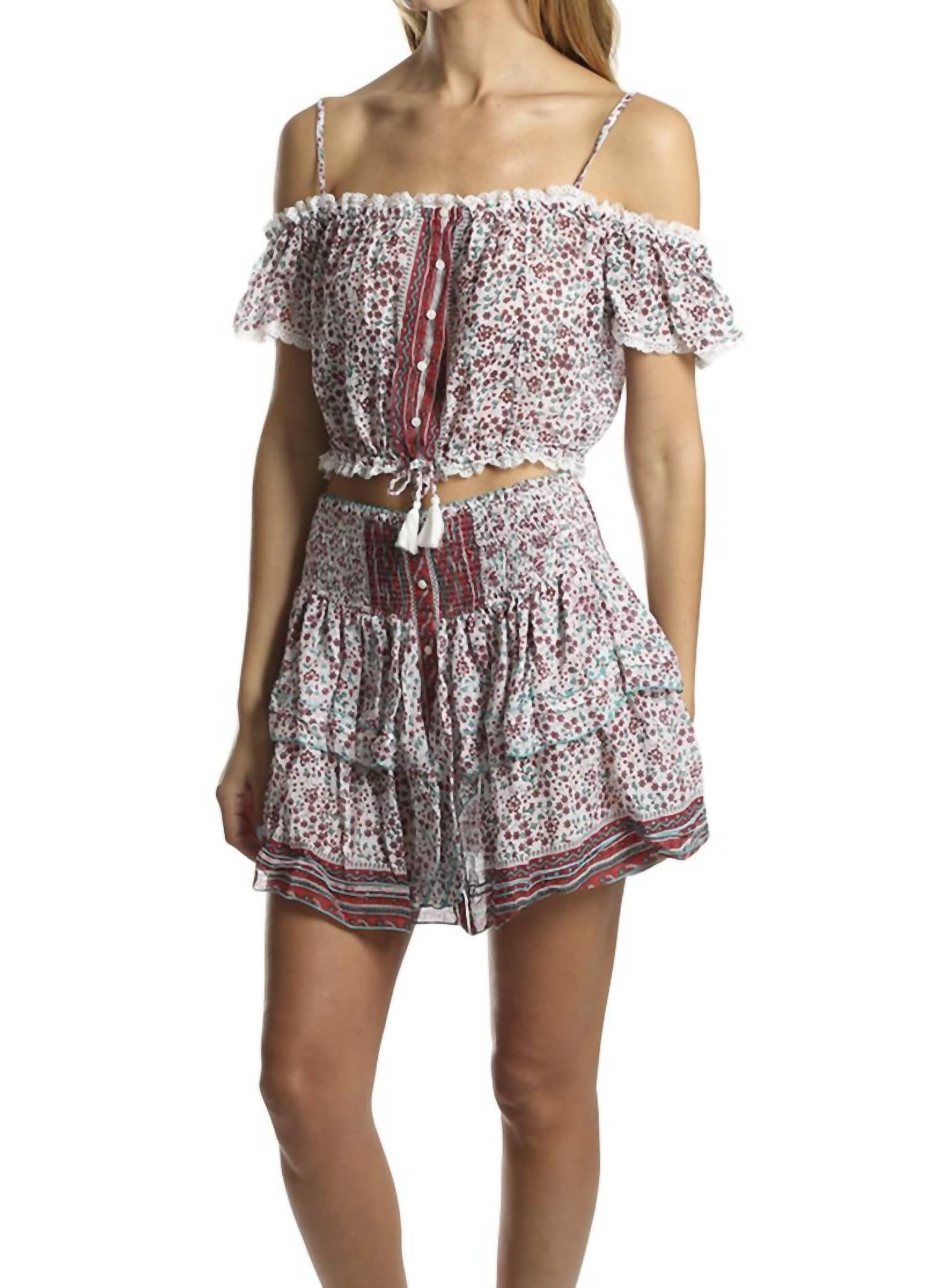 Poupette St Barth Mini Honey Top Blouse in white pink cotton tropical - women's blouse - alternate view