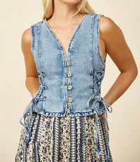Wisteria Lane - Denim Vest Top With Lace Up Detail