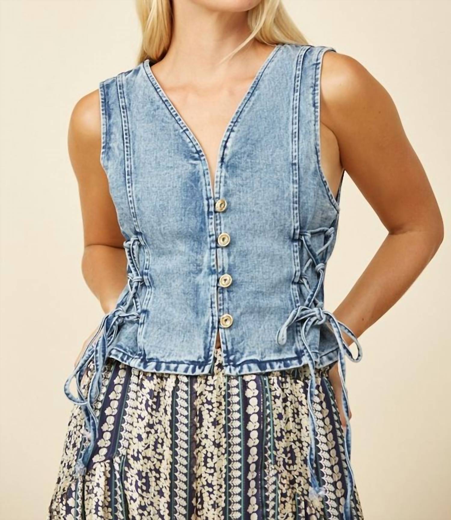 Wisteria Lane - Denim Vest Top With Lace Up Detail