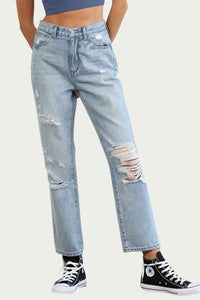 DISTRESSED HIGH-RISE STRAIGHT-LEG JEANS