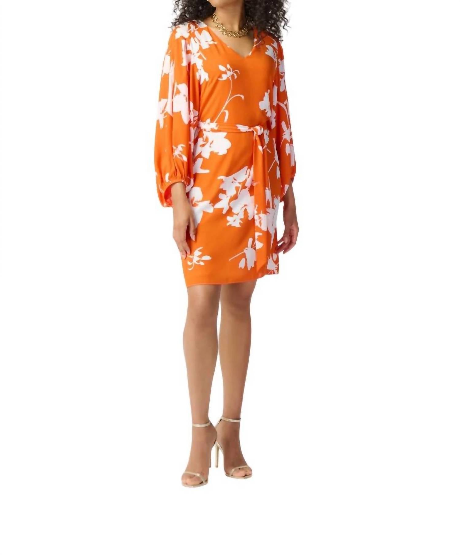 Joseph Ribkoff Floral V Neck Dress in mandarin vanilla - women's dress