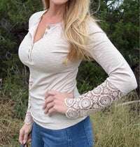 Thomas & Co Women's Crochet Lace Button Top in beige - women's long sleeve top - detail view
