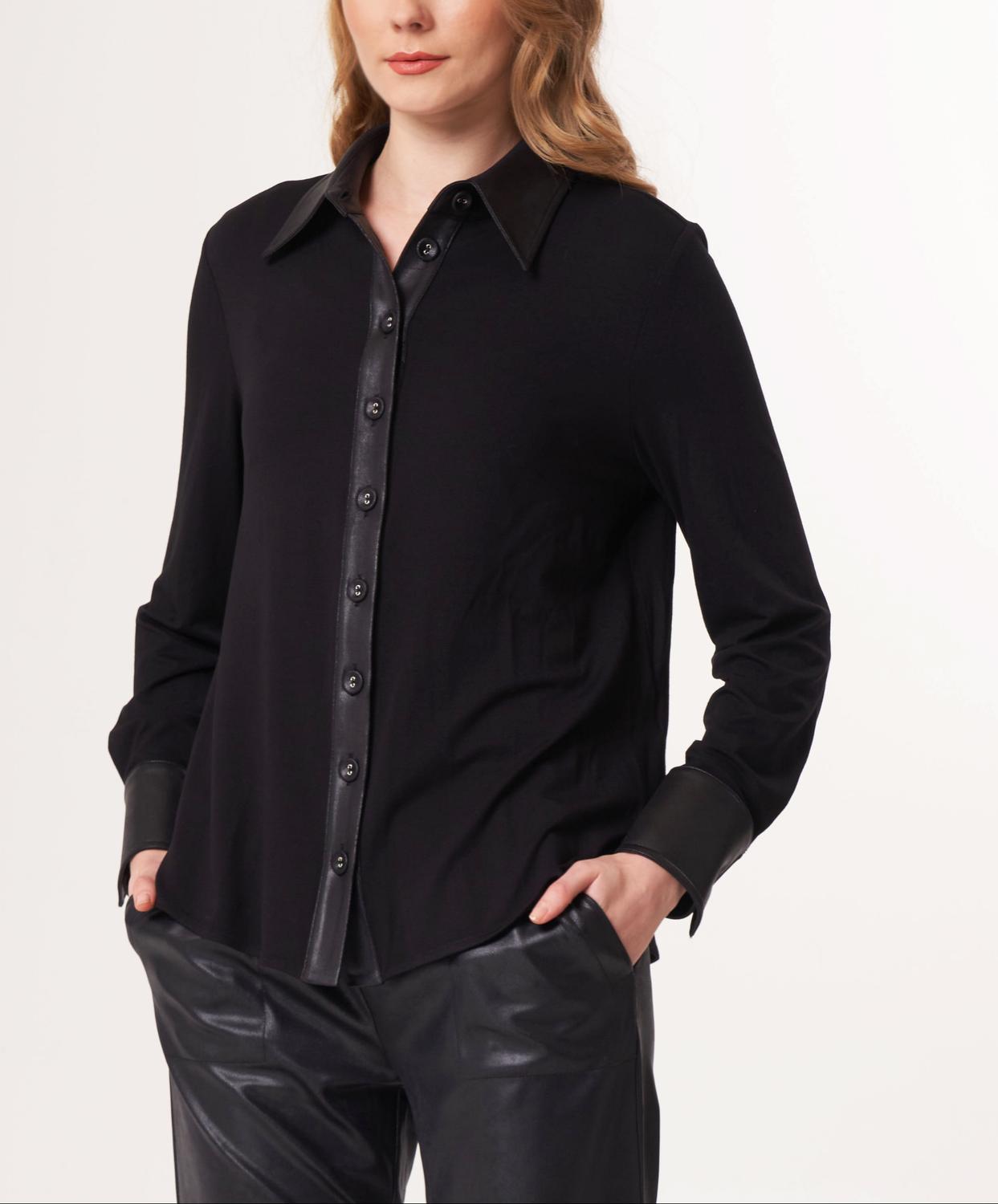 Angel Apparel Vegan Leather Trim Shirt in black - women's shirt - detail view
