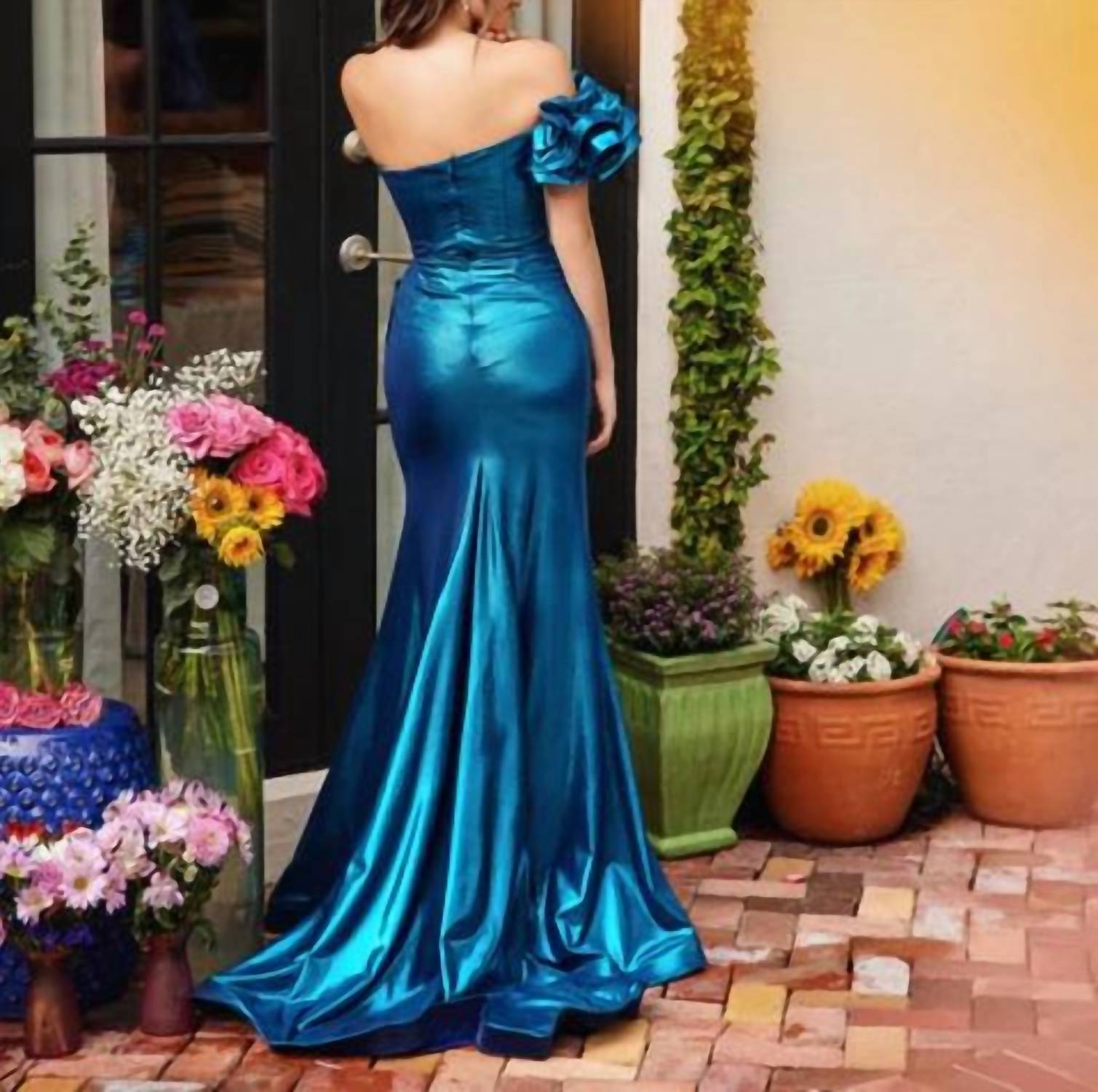 Ava Presley One Shoulder Draped Evening Dress in peacock - women's dress - alternate view