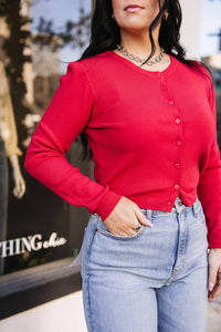 DELUC Shrunken Crewneck Cardigan in red - women's cardigan - detail view
