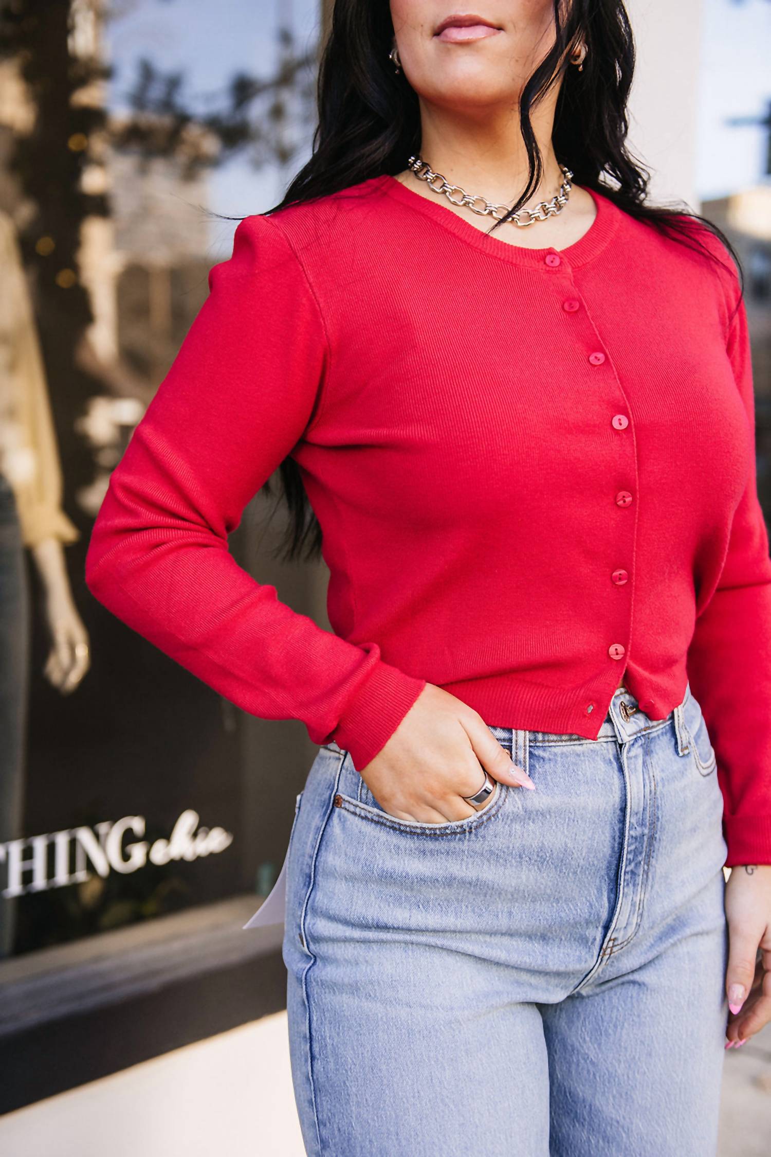 DELUC Shrunken Crewneck Cardigan in red - women's cardigan - detail view