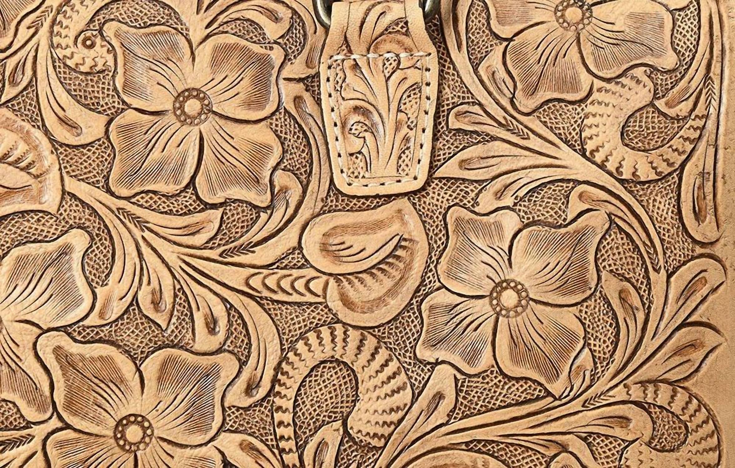 American Darling - Women's Hand-tooled Leather Duffel Bag With Floral Carving