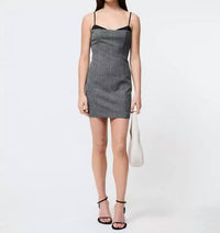 FRENCH CONNECTION Owen Plaid Satin Peekaboo Dress in charcoal blk - women's dress - detail view