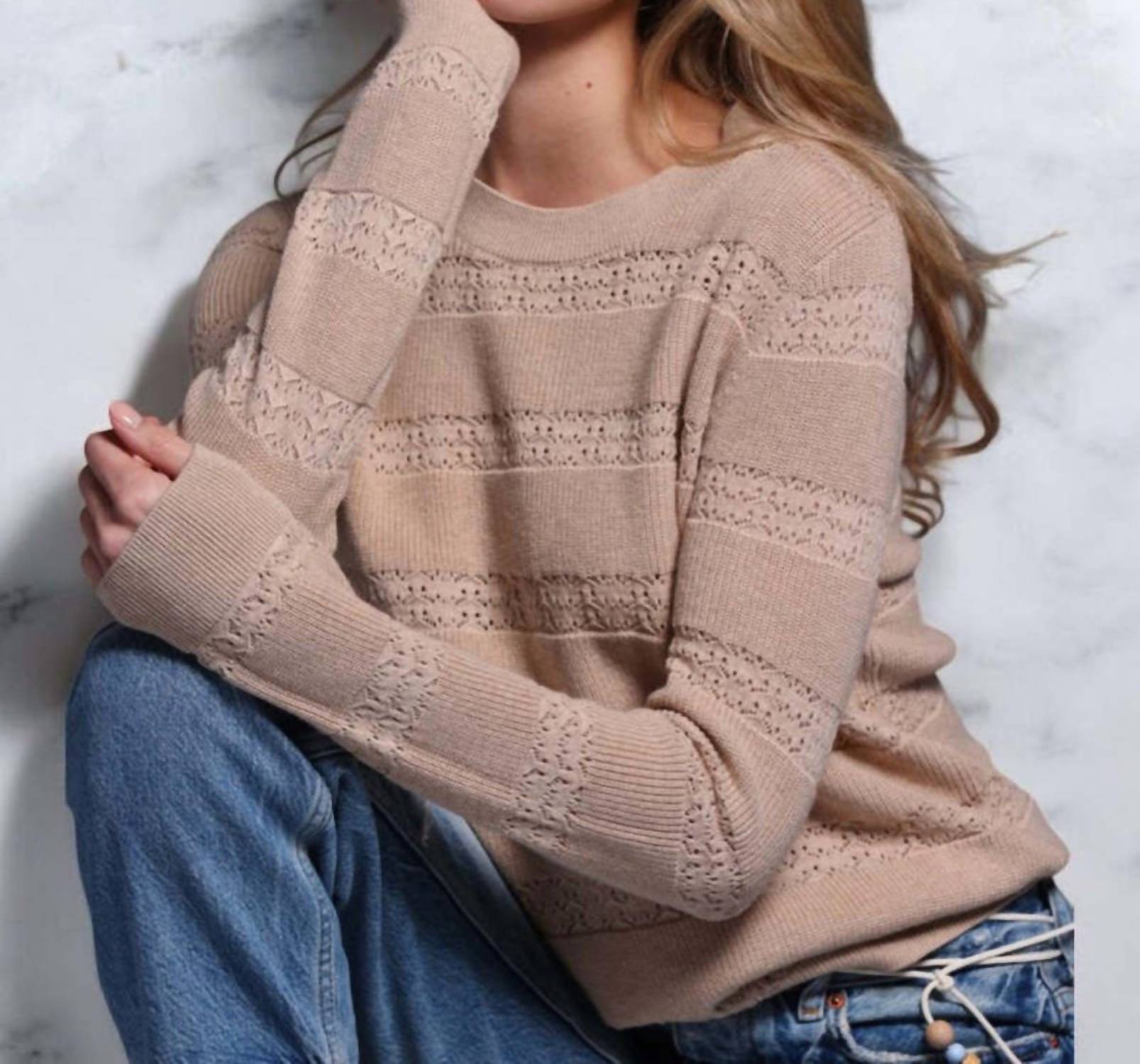 Minnie Rose - Cotton & Cashmere Pointelle Stripe Sweater