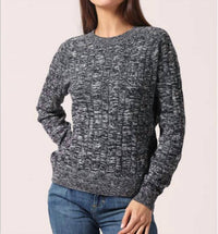 Minnie Rose Cotton Marled Cable Crew Top in navy white 1 - women's sweater
