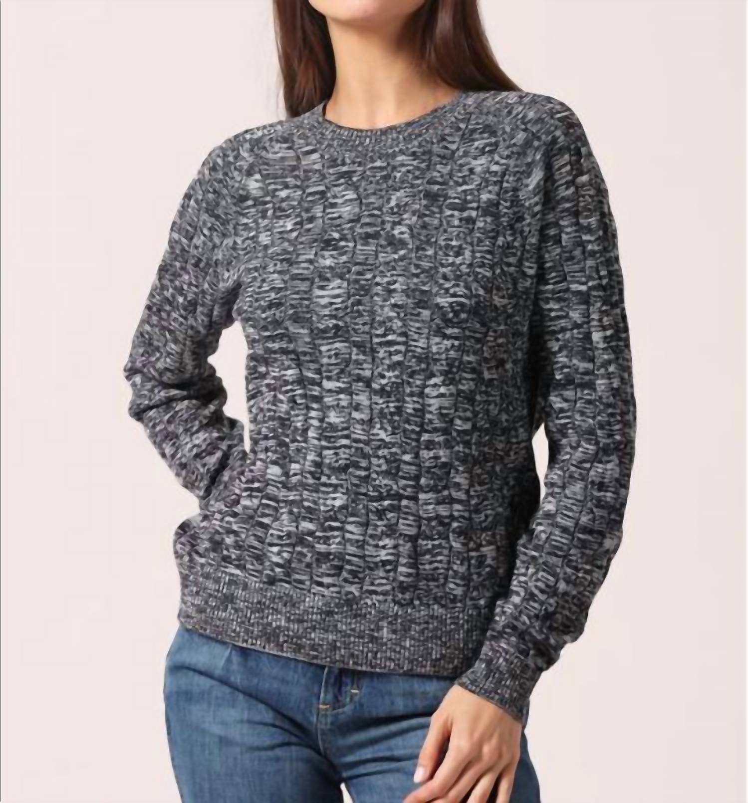 Minnie Rose Cotton Marled Cable Crew Top in navy white 1 - women's sweater