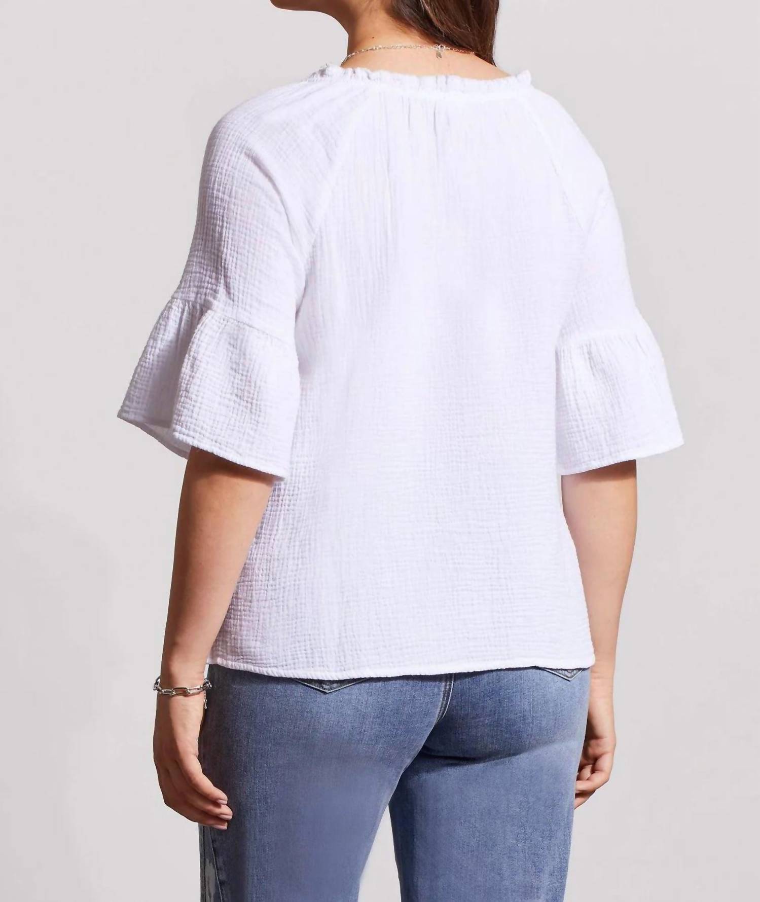 TRIBAL Winslet Cotton Gauze Raglan Sleeve Top - in white - women's blouse - detail view