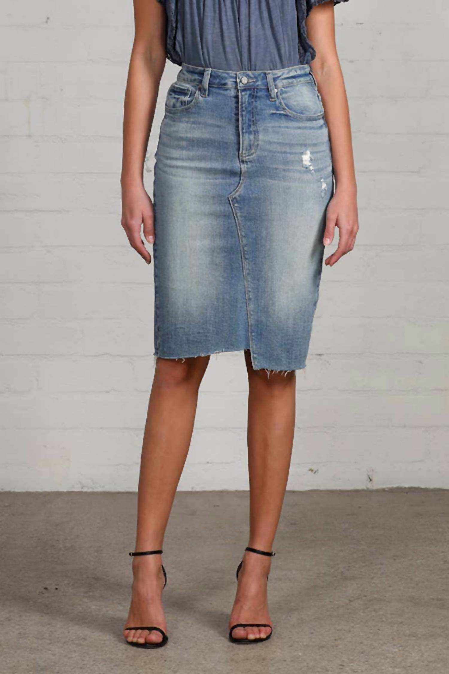 Insane Gene - Jacy High Rise Stretch Raw Hem Knee Length Skirt