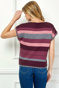 SEE AND BE SEEN Multi Color Striped Sweater Top in burgundy - women's t-shirt - detail view
