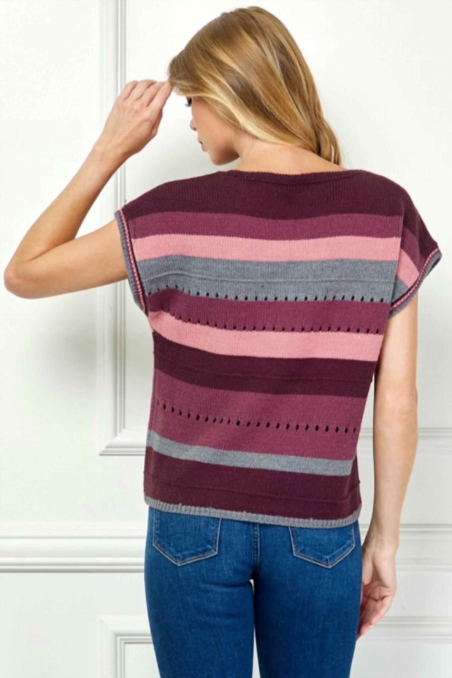 SEE AND BE SEEN Multi Color Striped Sweater Top in burgundy - women's t-shirt - detail view