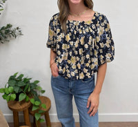 AnnieWear Flower Print Balloon Hem Square Neck Blouse in black butter - women's blouse - view 5