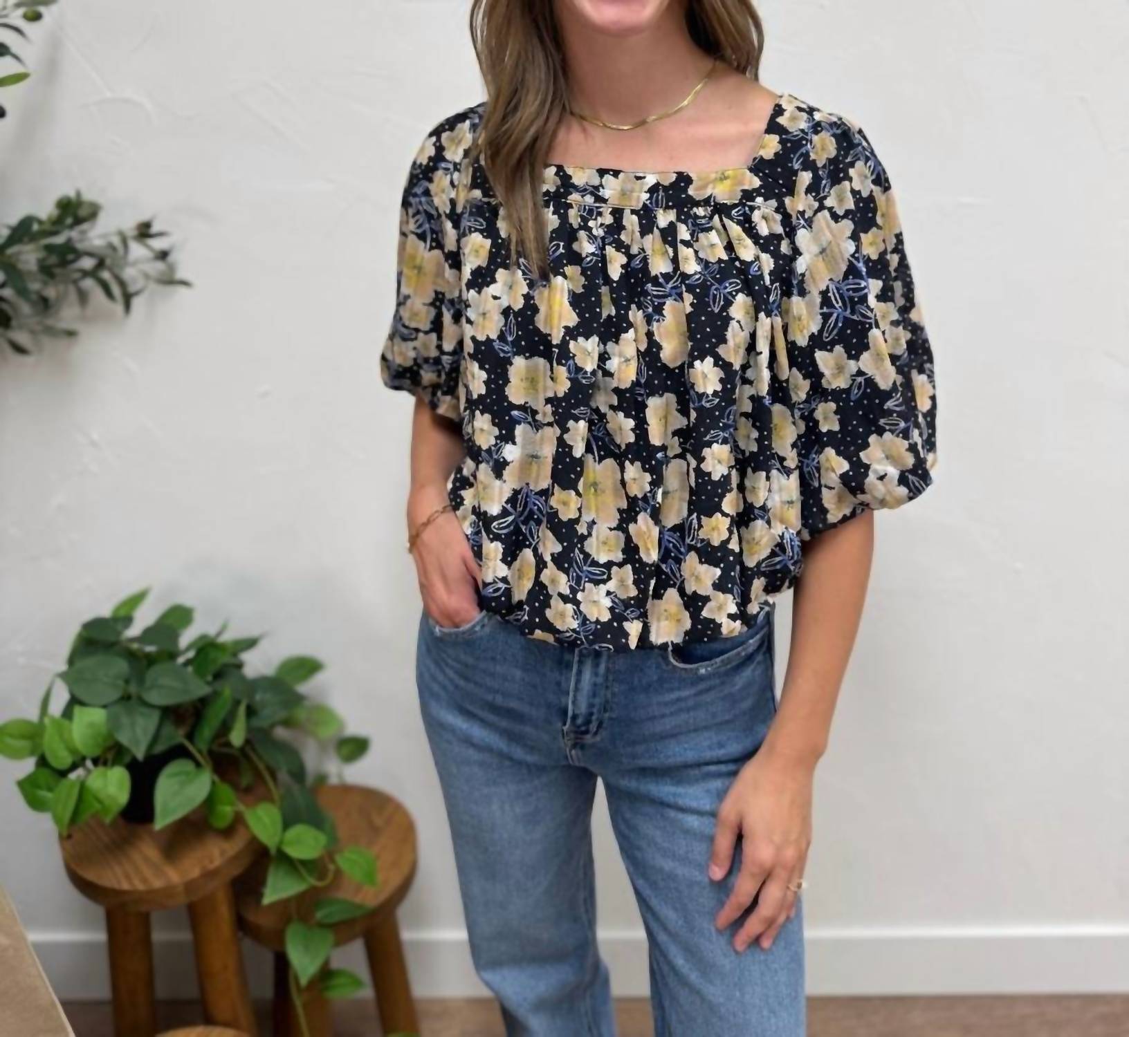 AnnieWear Flower Print Balloon Hem Square Neck Blouse in black butter - women's blouse - view 5