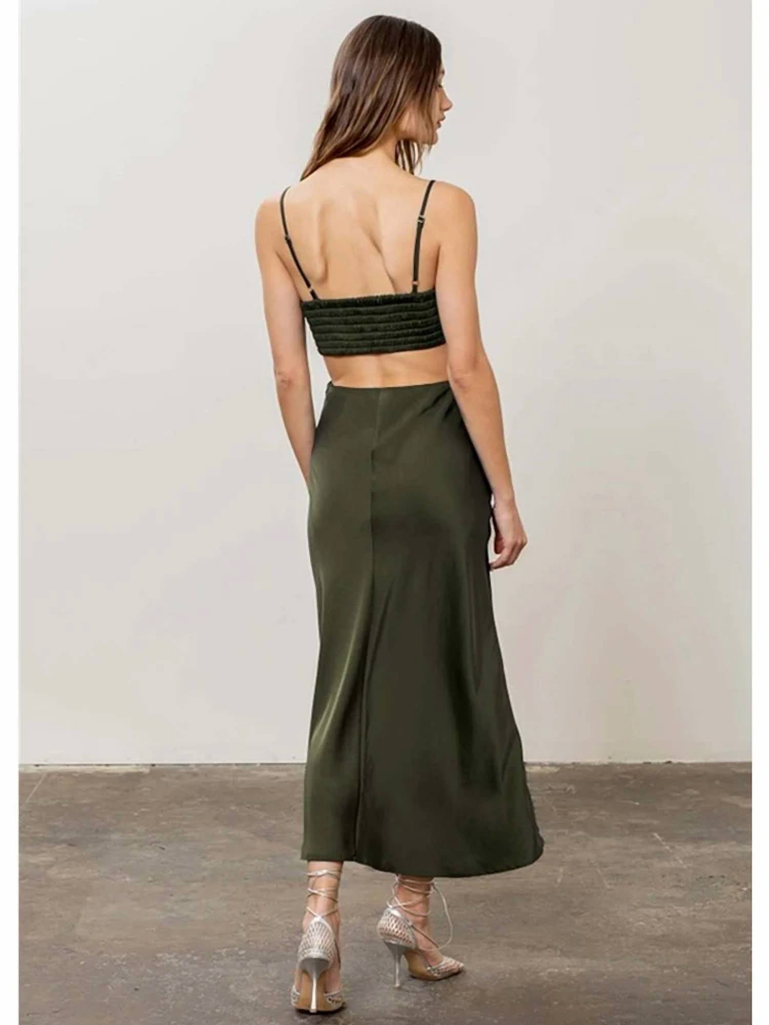 MOON RIVER Satin waist cutout smocked back v-neck sleeveless dress in olive - women's dress
