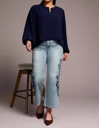Tribal - Audrey Embroidered Wide Leg Mid Rise Jeans
