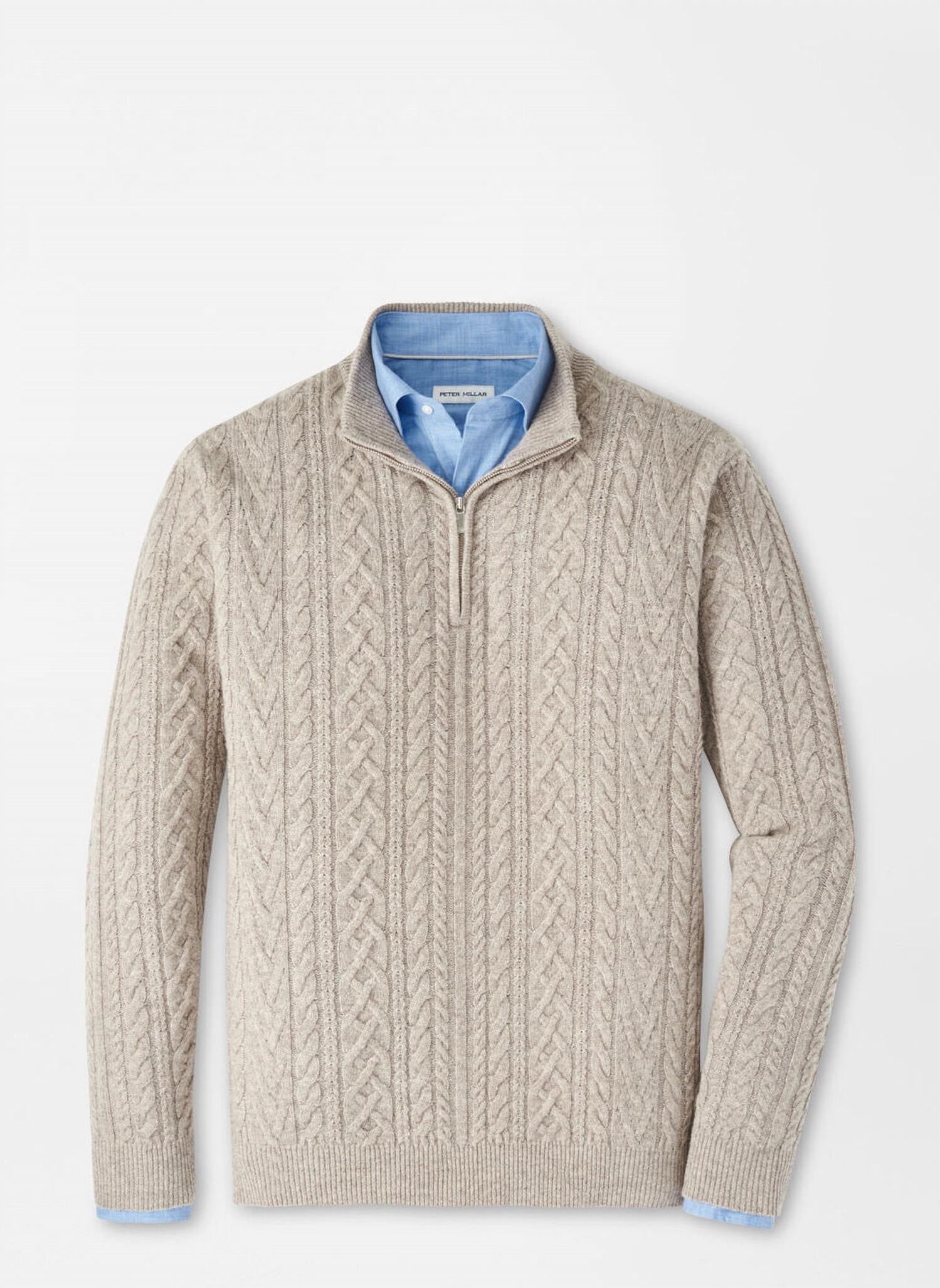 PETER MILLAR Crescent Ridge Cable 1/4 Zip Sweater in light elm - men's sweater - alternate view