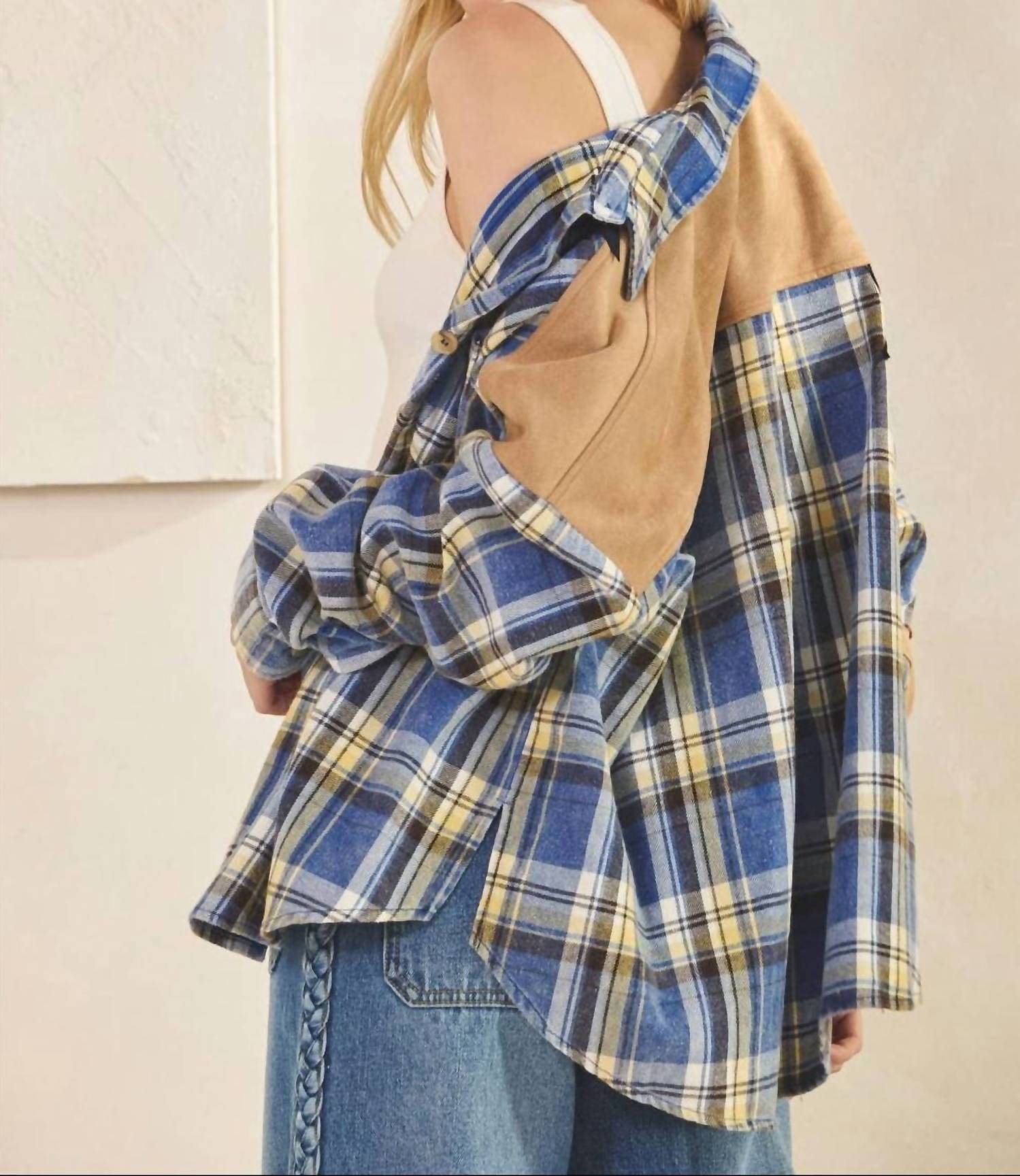 SAGE+FIG Skylar Star Patchwork Plaid Flannel Shirt in blue - women's shirt - view 7