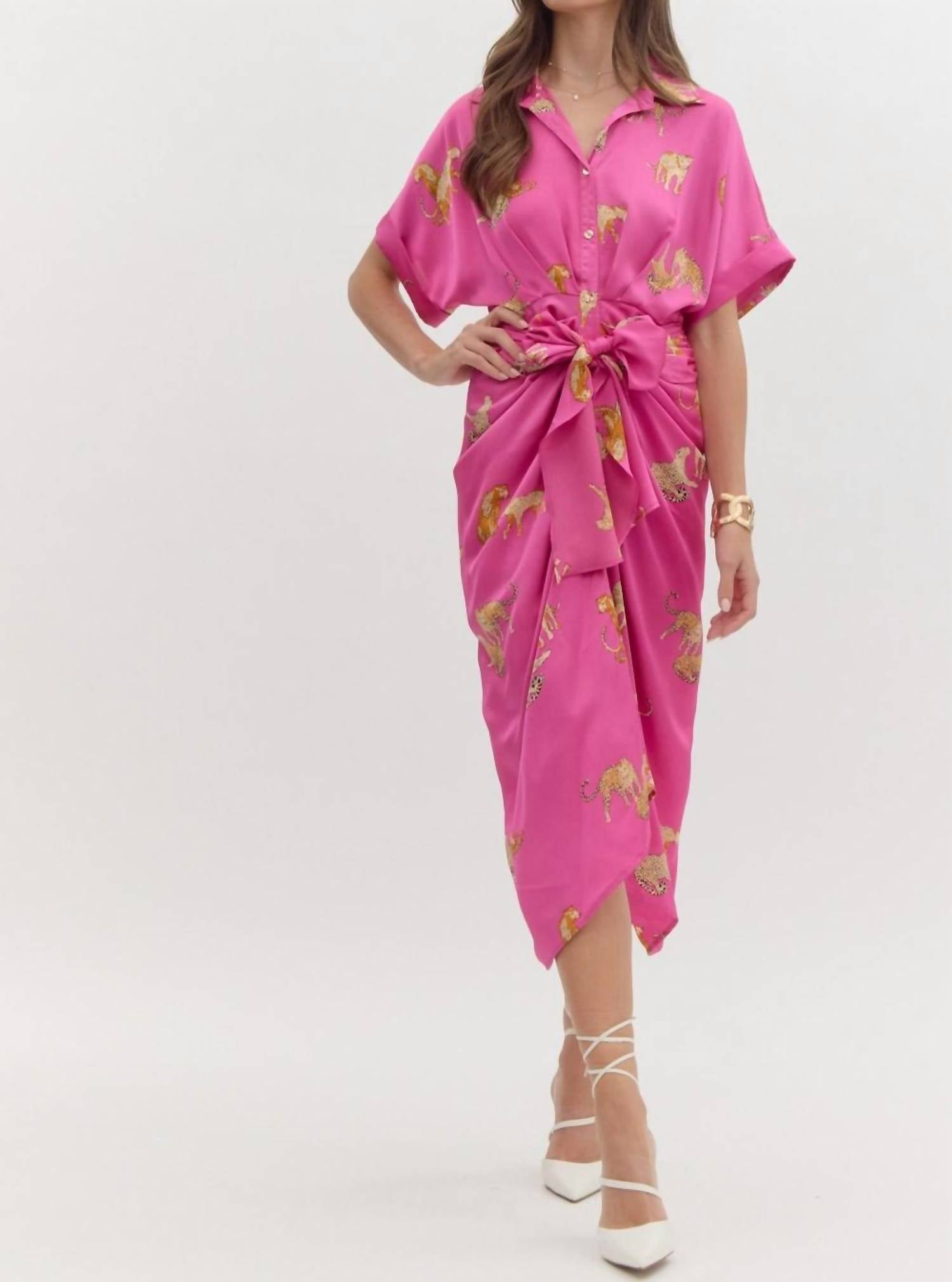 Entrousa Button Up Short Sleeve Dress in cheetah - women's dress