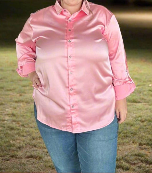 She + Sky - Long Sleeve Woven Satin Shirt With Rollup Sleeve