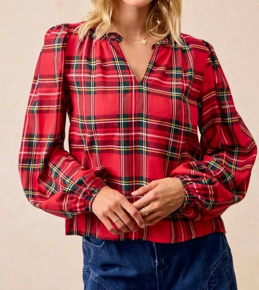 Bibi - Christmas Plaid Balloon Sleeved Top