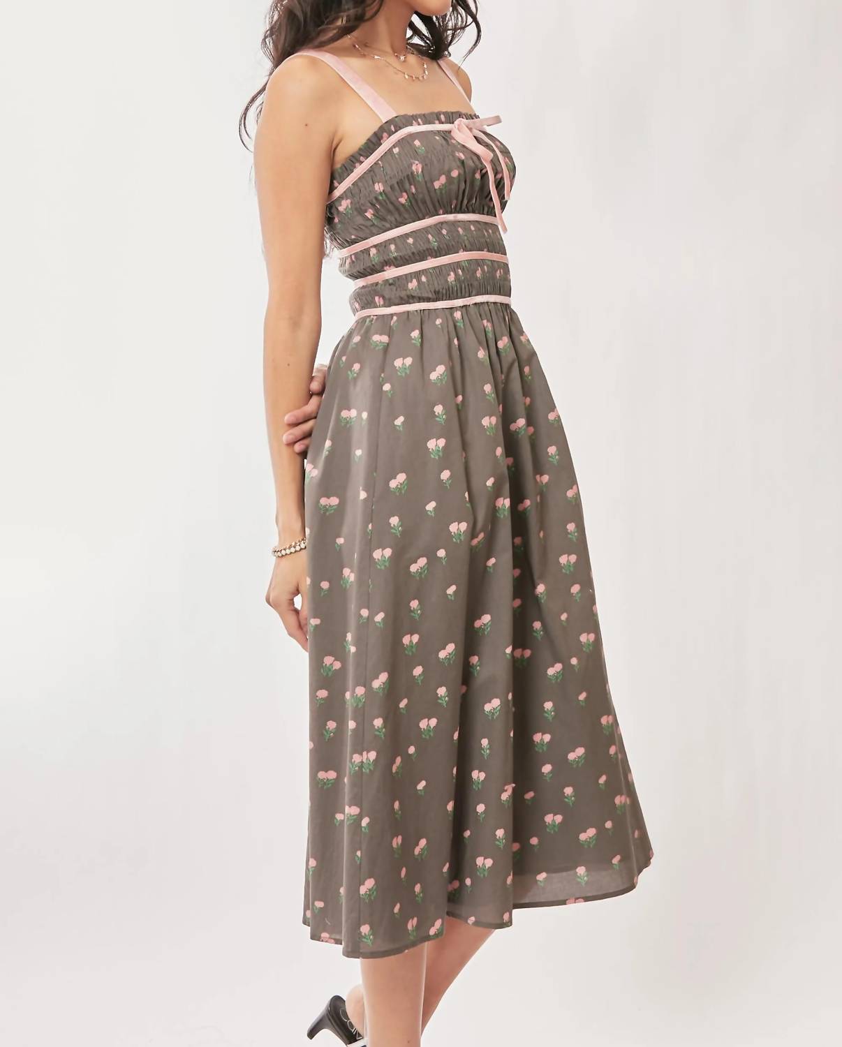 Davi & Dani - Contrast Velvet Tape Smocking Bodice Midi Dress
