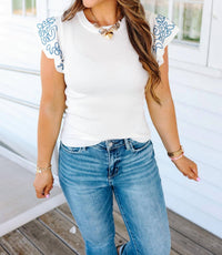 Hem & Thread - EMBROIDERED RUFFLE SLEEVE SWEATER TOP